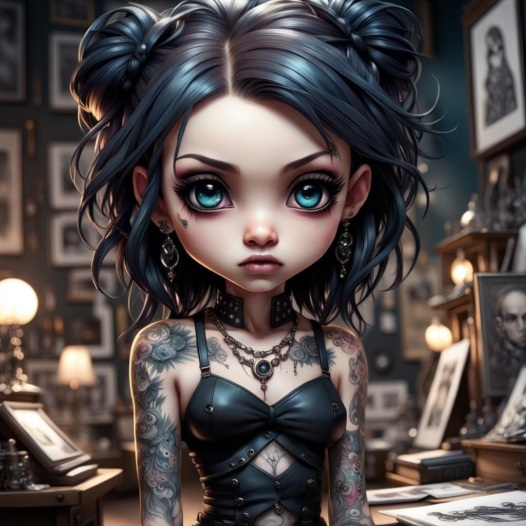 Chibi Goth Artist with Tattoos, Piercings