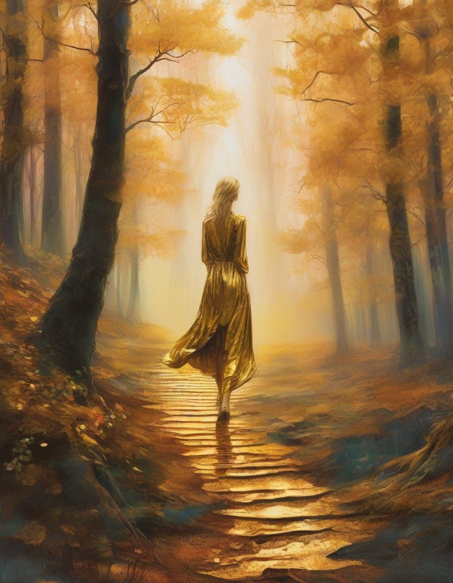 Surreal Golden Steps in Misty Forest