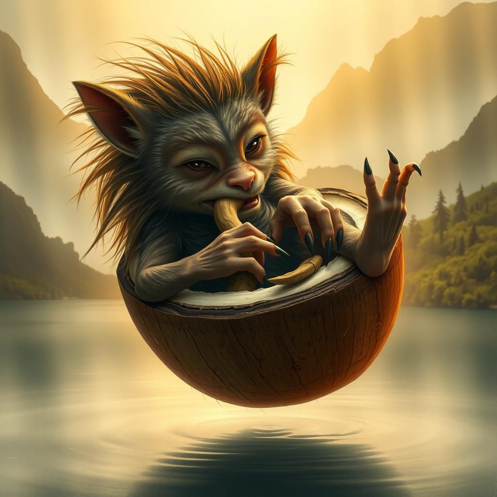 Peaceful Creature in Coconut Above Misty Lake