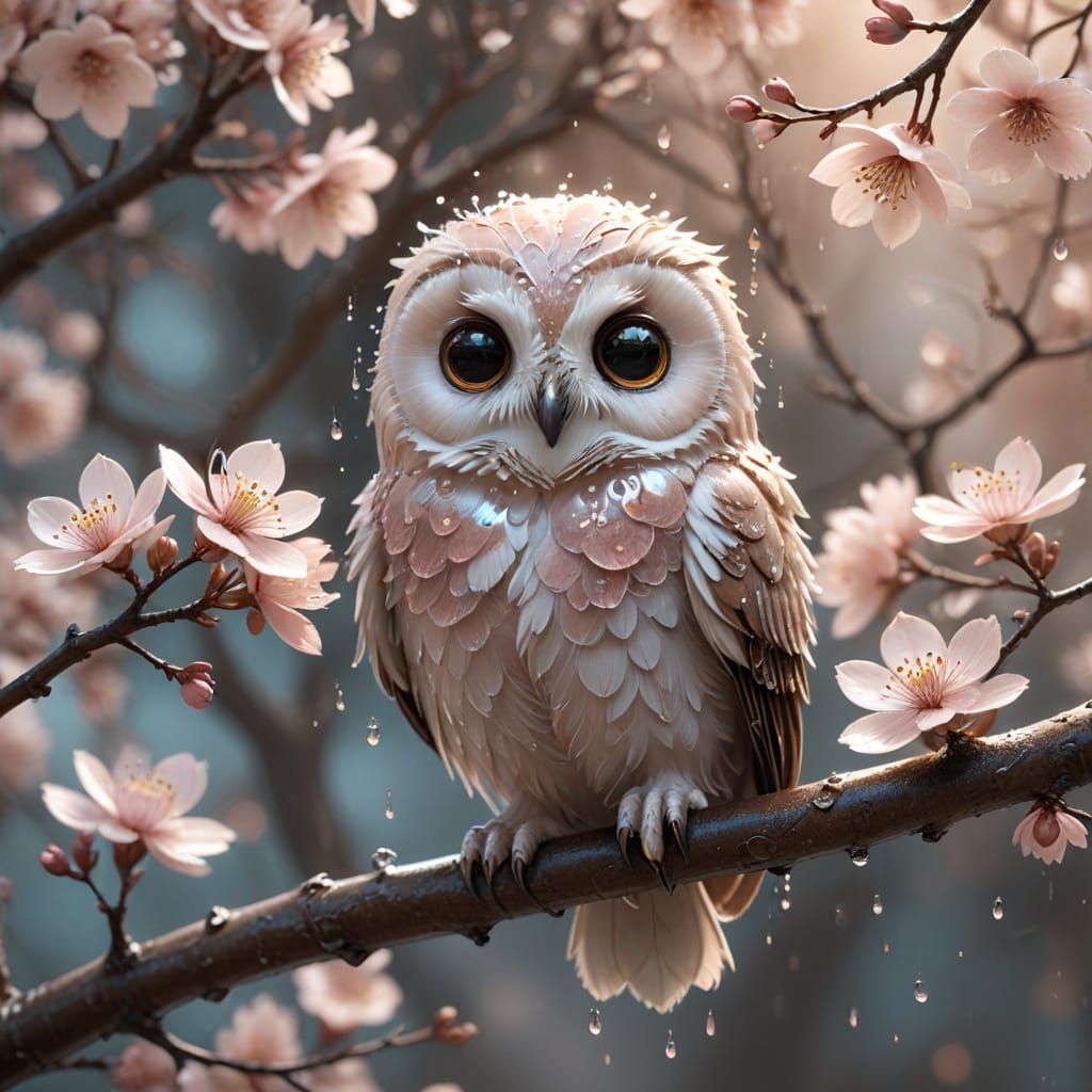 Ghostly Owl with Sakura Flowers in Pastel Sky