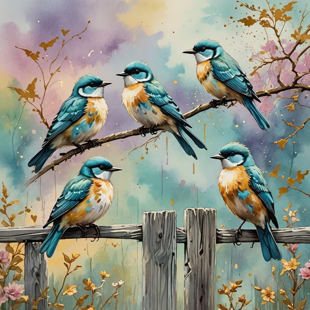 Whimsical Birds on a Fence Post in Asian Style