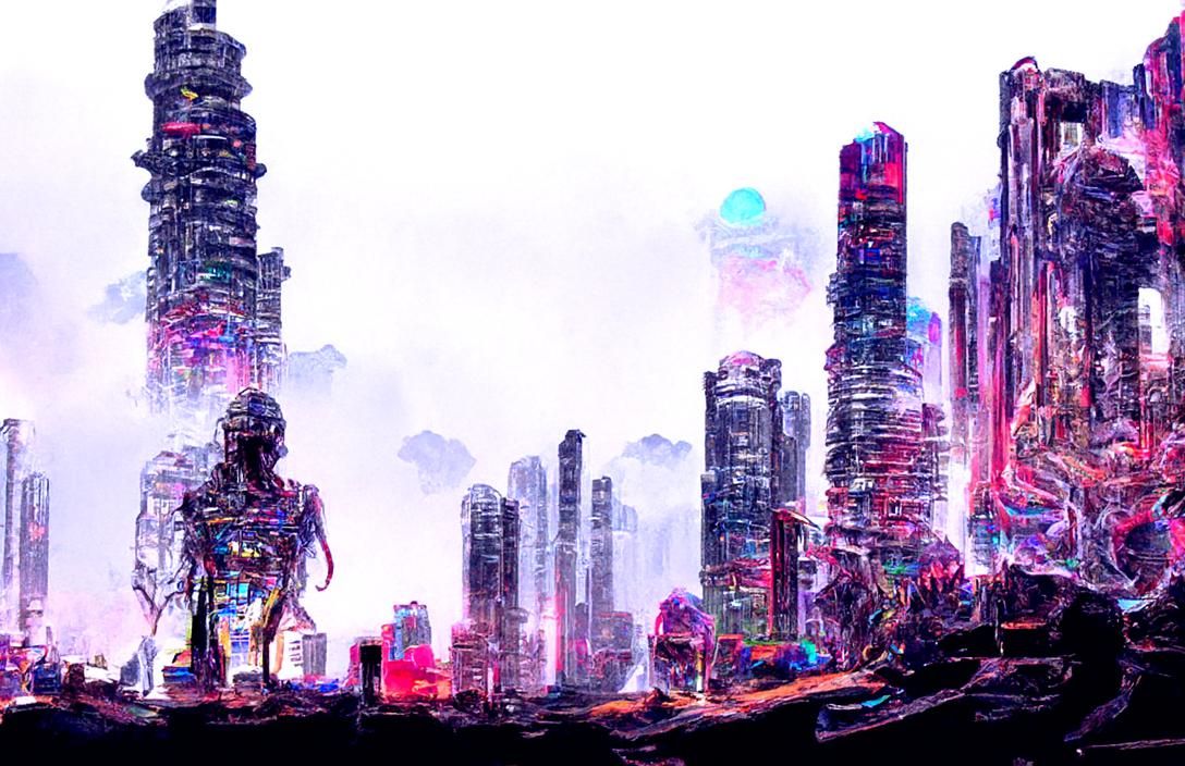 Dystopian Cyberpunk Cityscape in Holographic Style