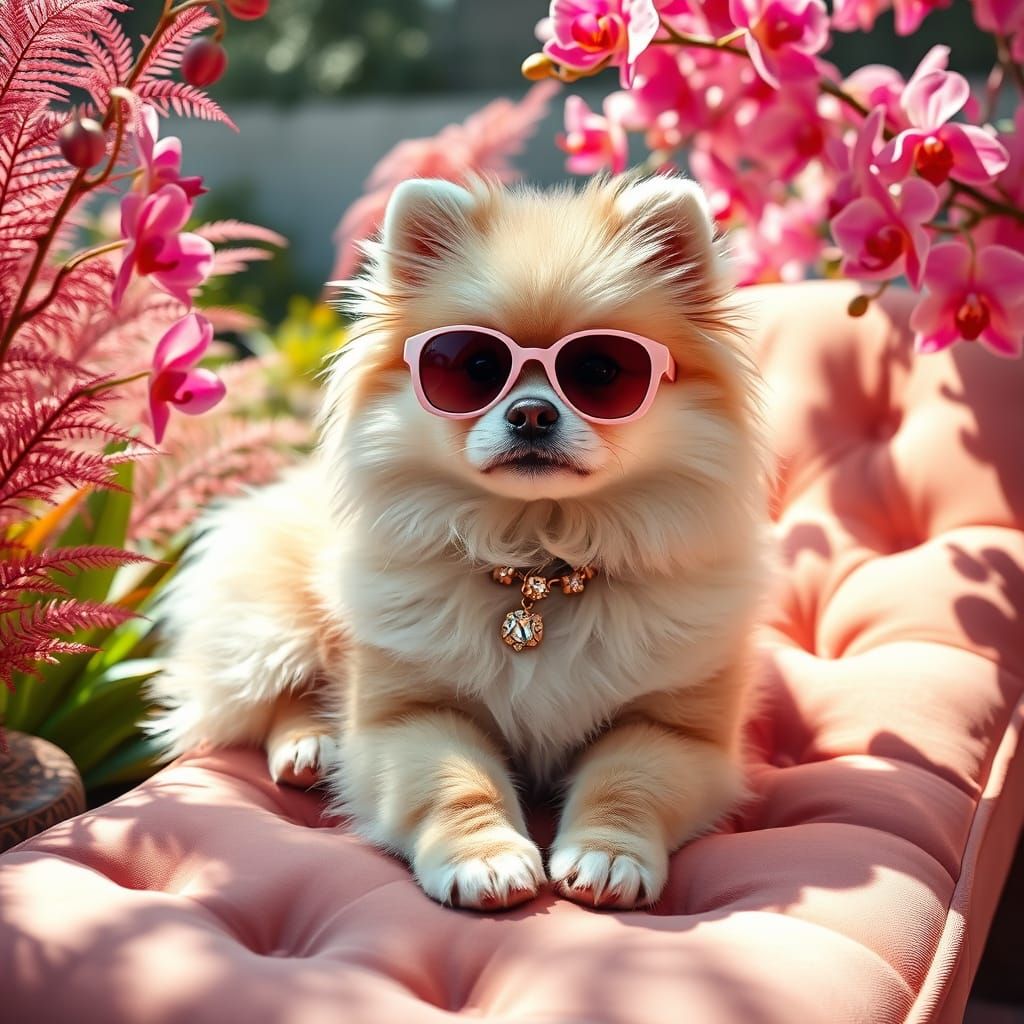 Fluffy Pomeranian Puppy in Pastel Pink Sunglasses