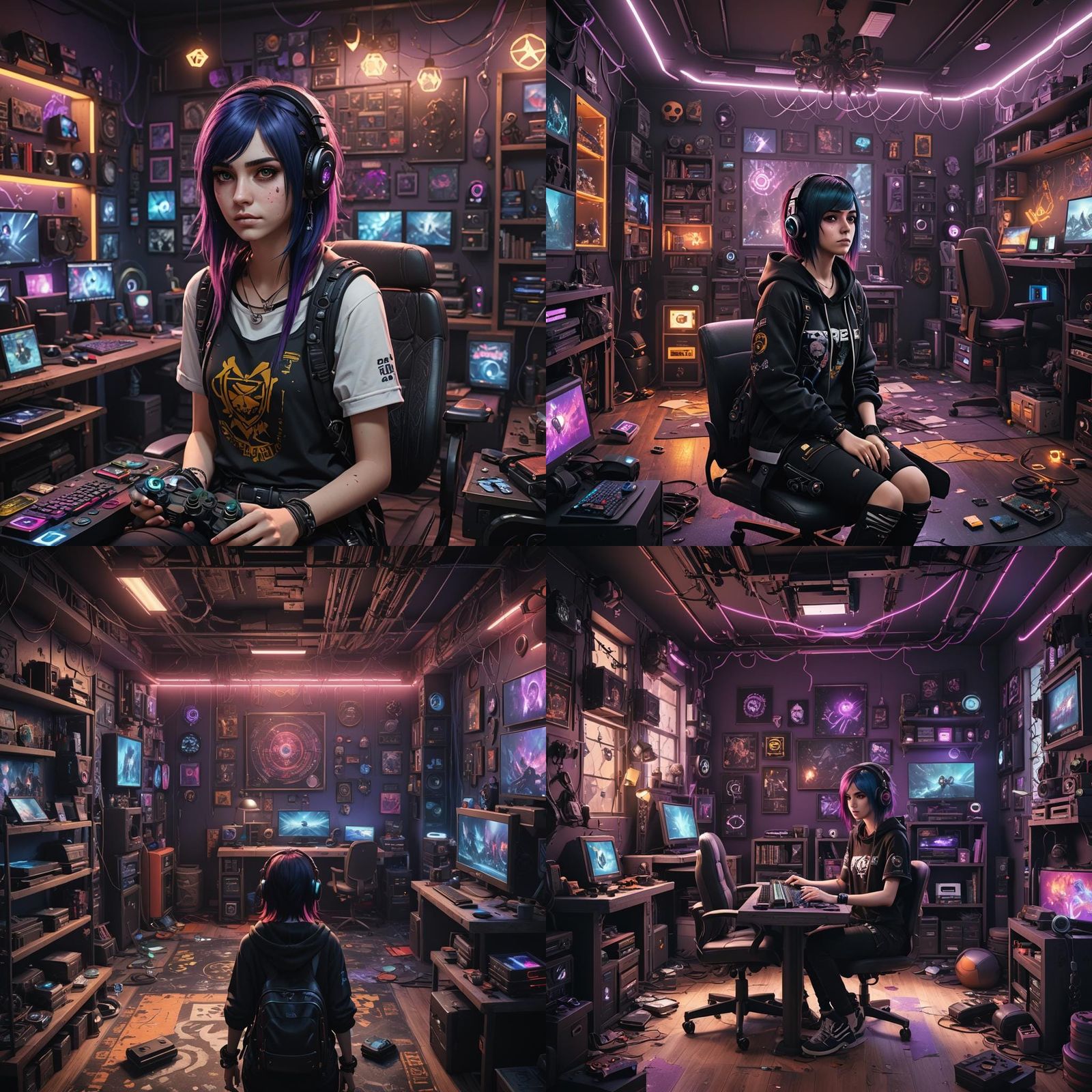 Emo Girl in Gaming Room: Detailed Matte Painting