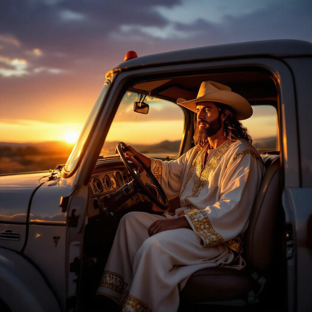 Jesus Rides Shotgun in Vintage Truck at Sunset