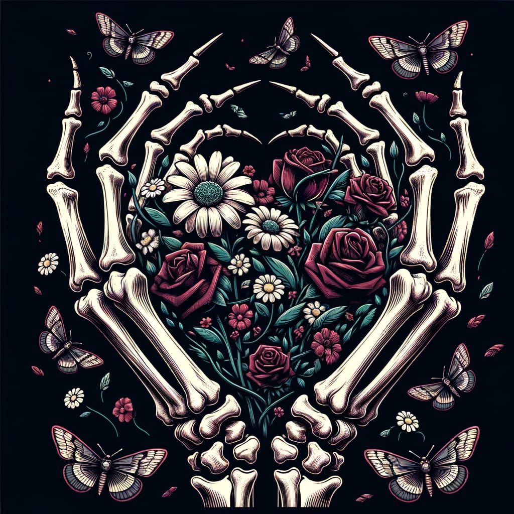 Skeleton Hands Heart with Flowers and Moths in Dark Romantic...