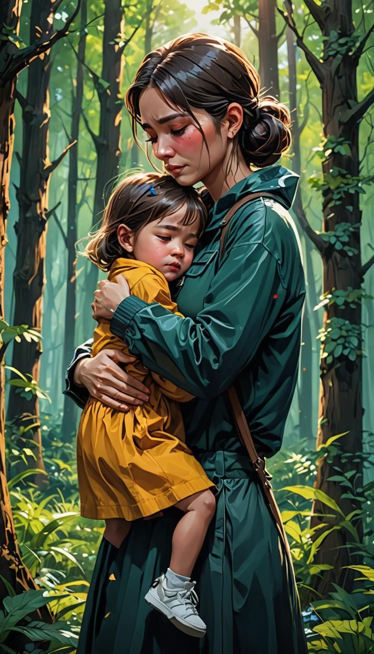 Emotional Mother and Child Embrace in Forest