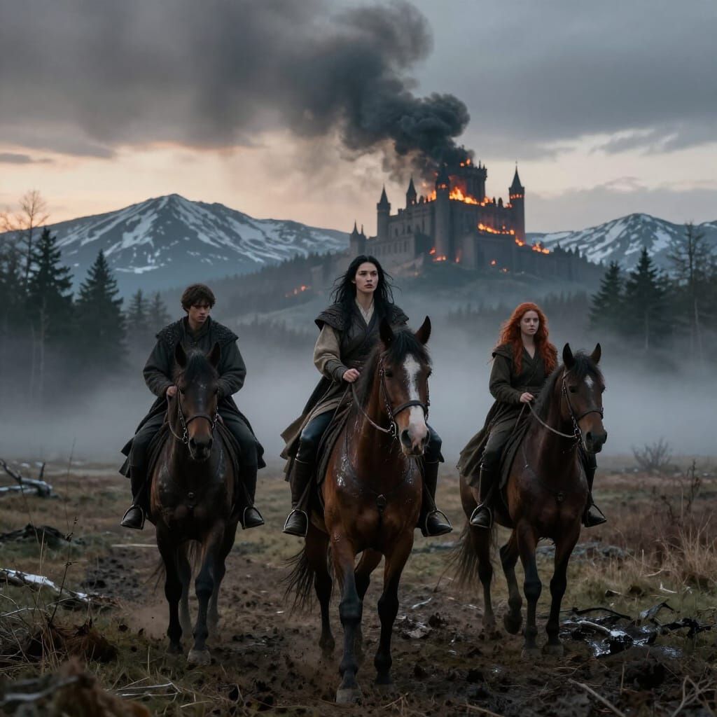 Epic Fantasy Riders Emerge from Dark Forest at Dawn