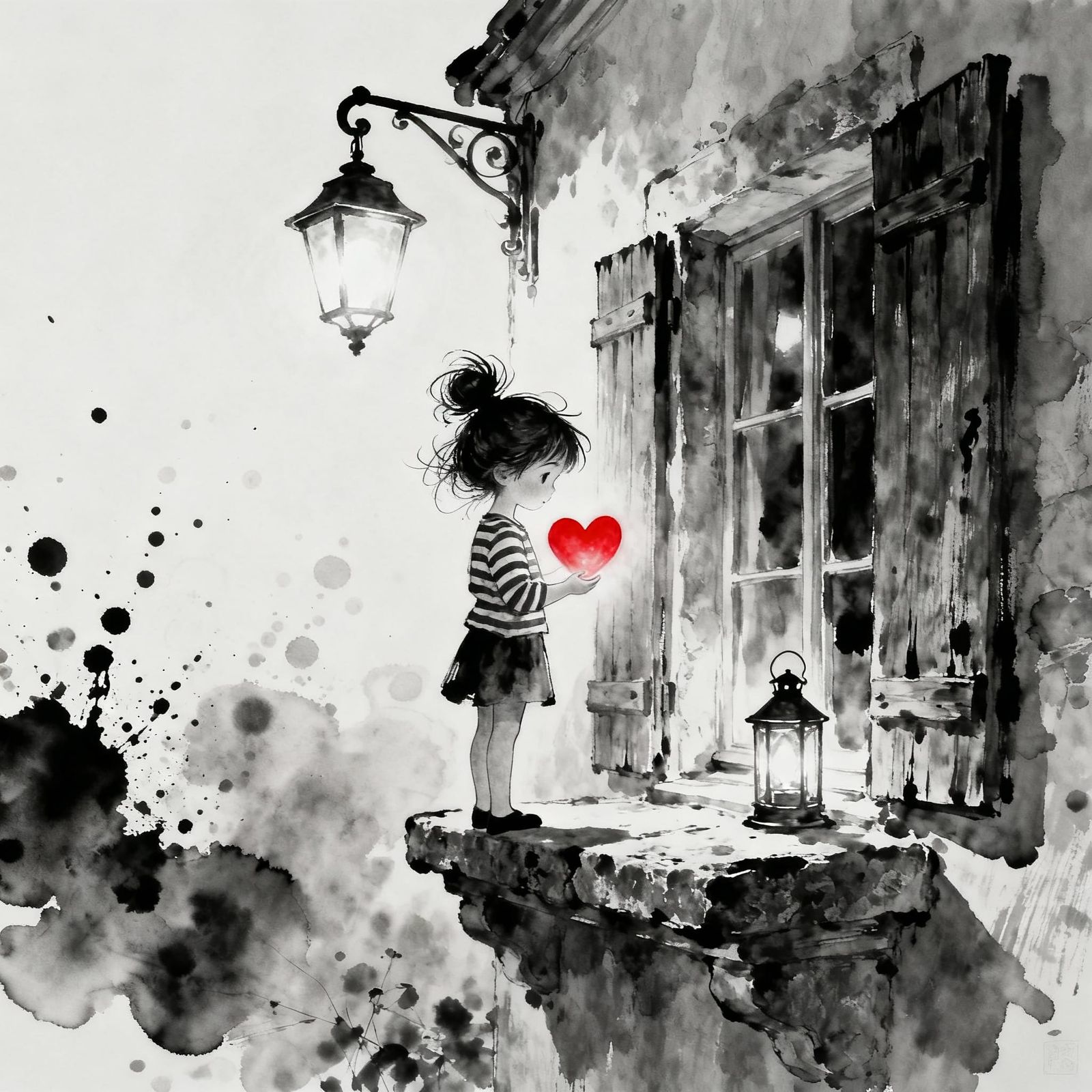 Girl Holds Glowing Heart Beside Stone Windowsill