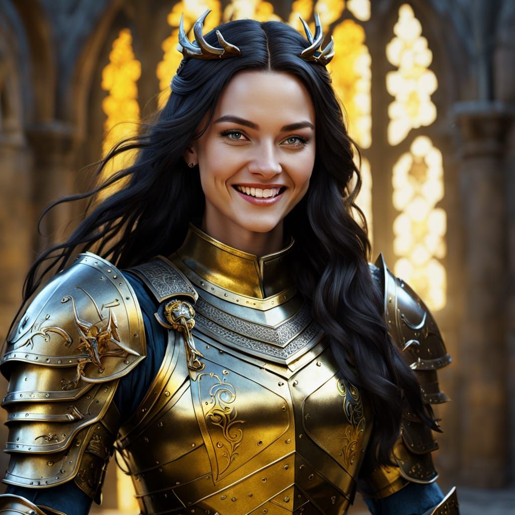 Medieval Fantasy Knightess in Golden Armor