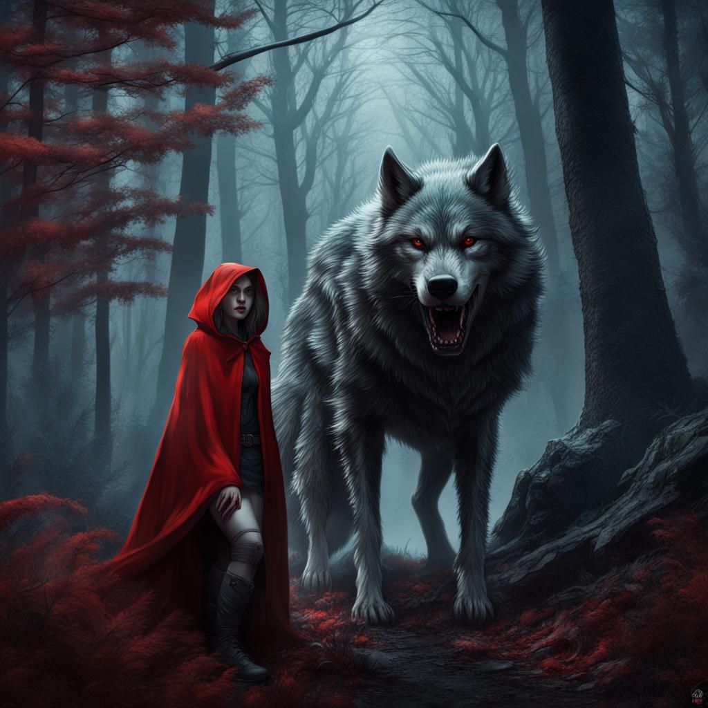 Werewolf Red Riding Hood in Dark Forest