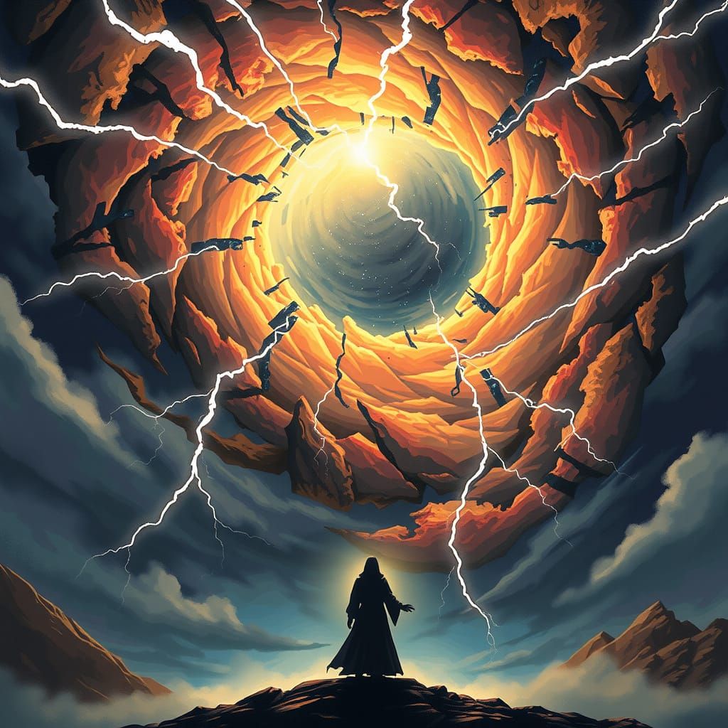 The Void Rift: A swirling vortex in the sky, with jagged lightning arcing from the cracks in reality. Below it, a dark f...