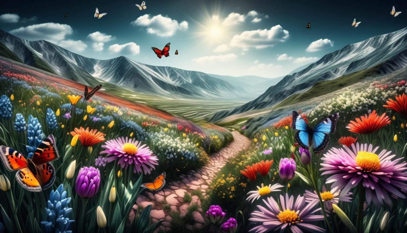 Hyperrealistic Valley of Spring Flowers and Butterflies