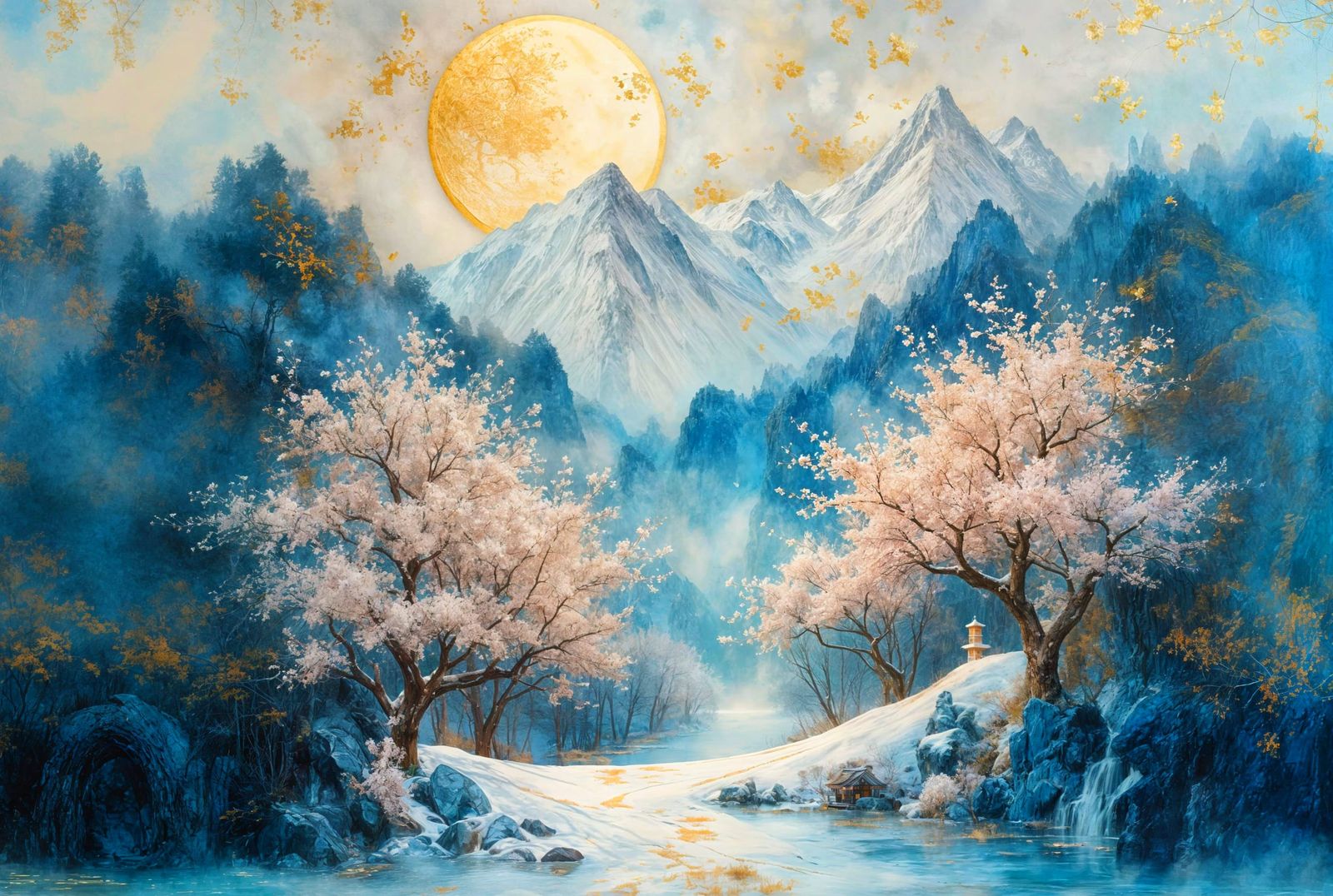 Ethereal Almond Blossoms and Snowy Mountains