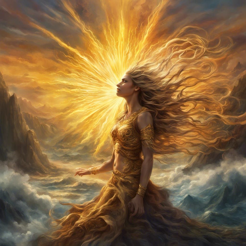 a digital portrait of a majestic deity heralding the sunrise...
