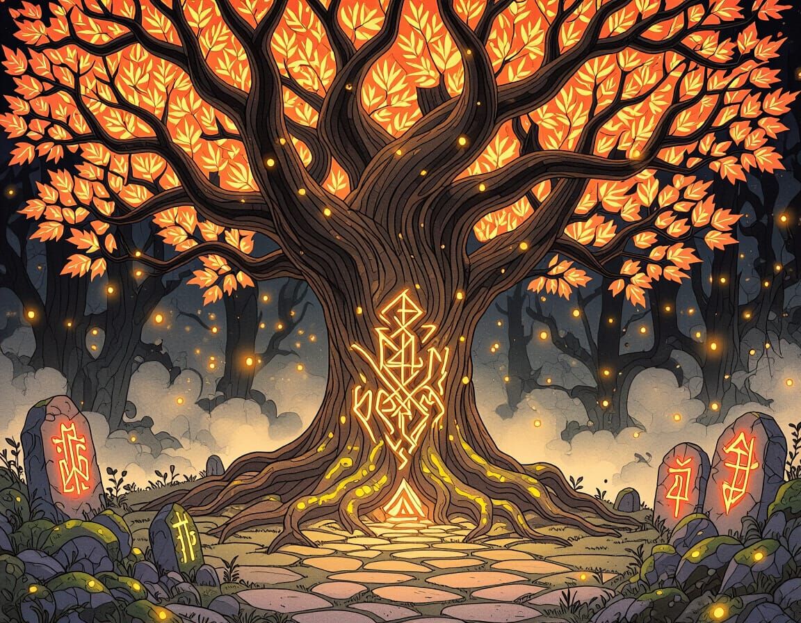 Ancient Bioluminescent Tree in Misty Glade