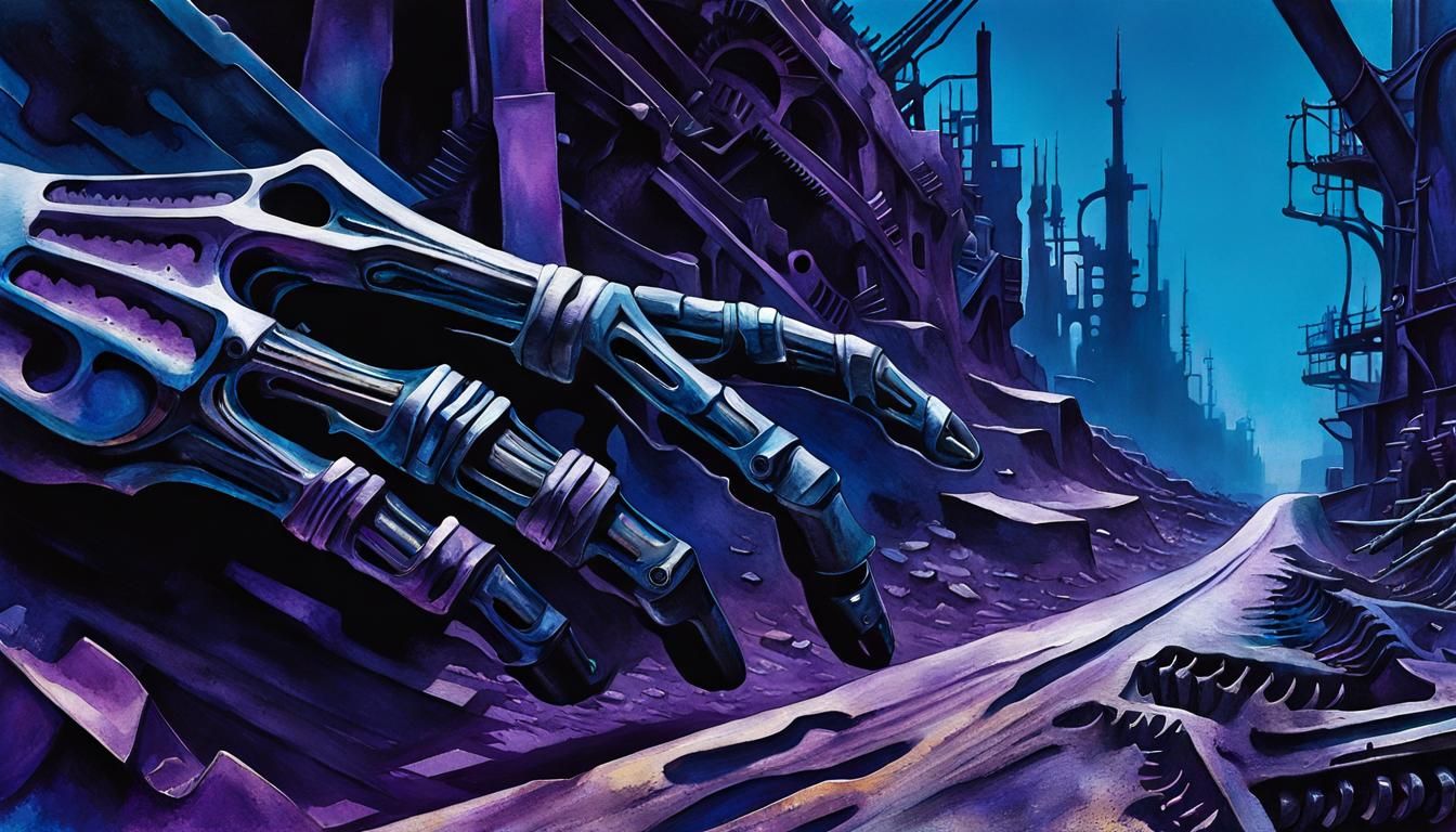 Eerie Biopunk Horror Hand in Surreal Landscape