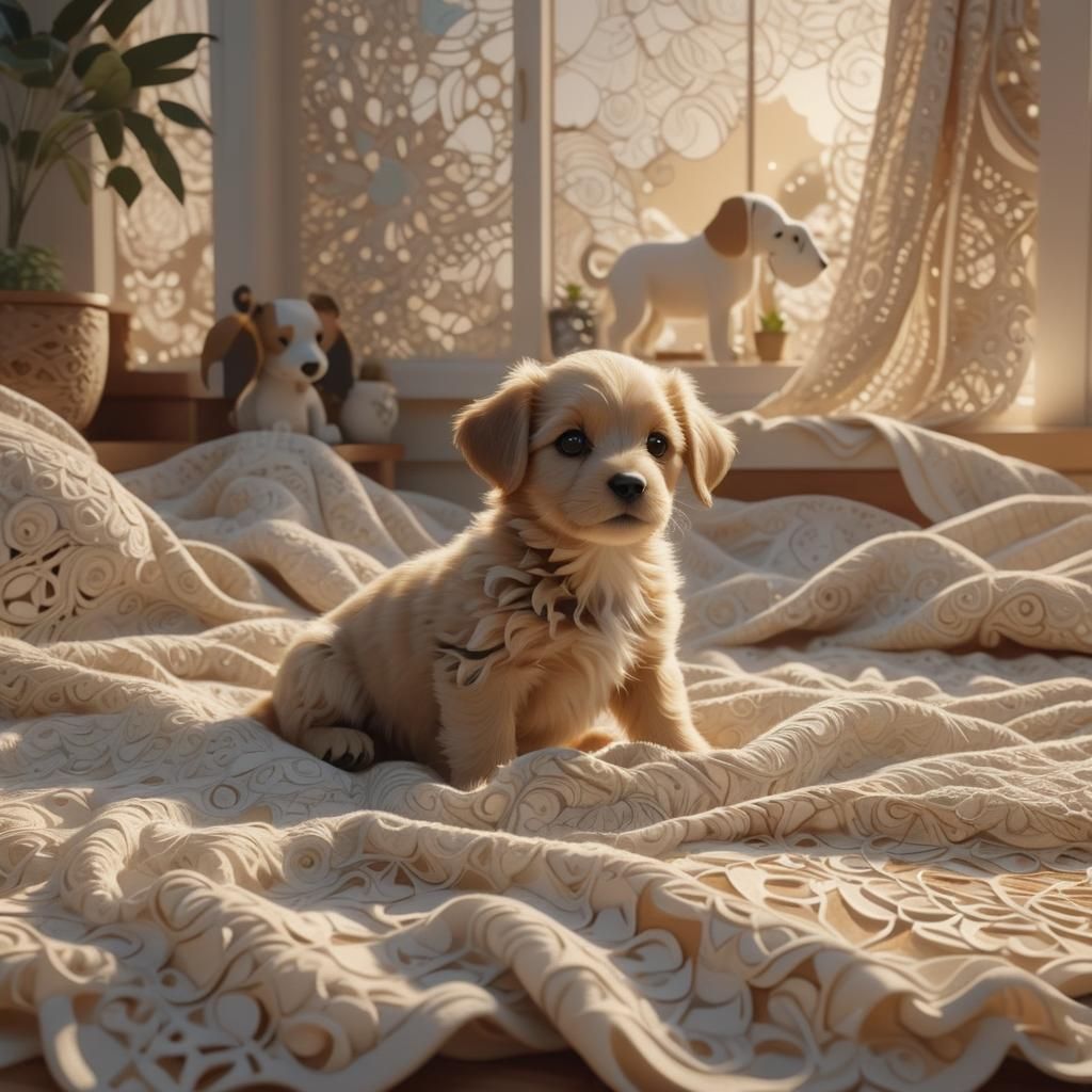 Tiny Puppy in Cozy Room with Fractals, 3D Animation