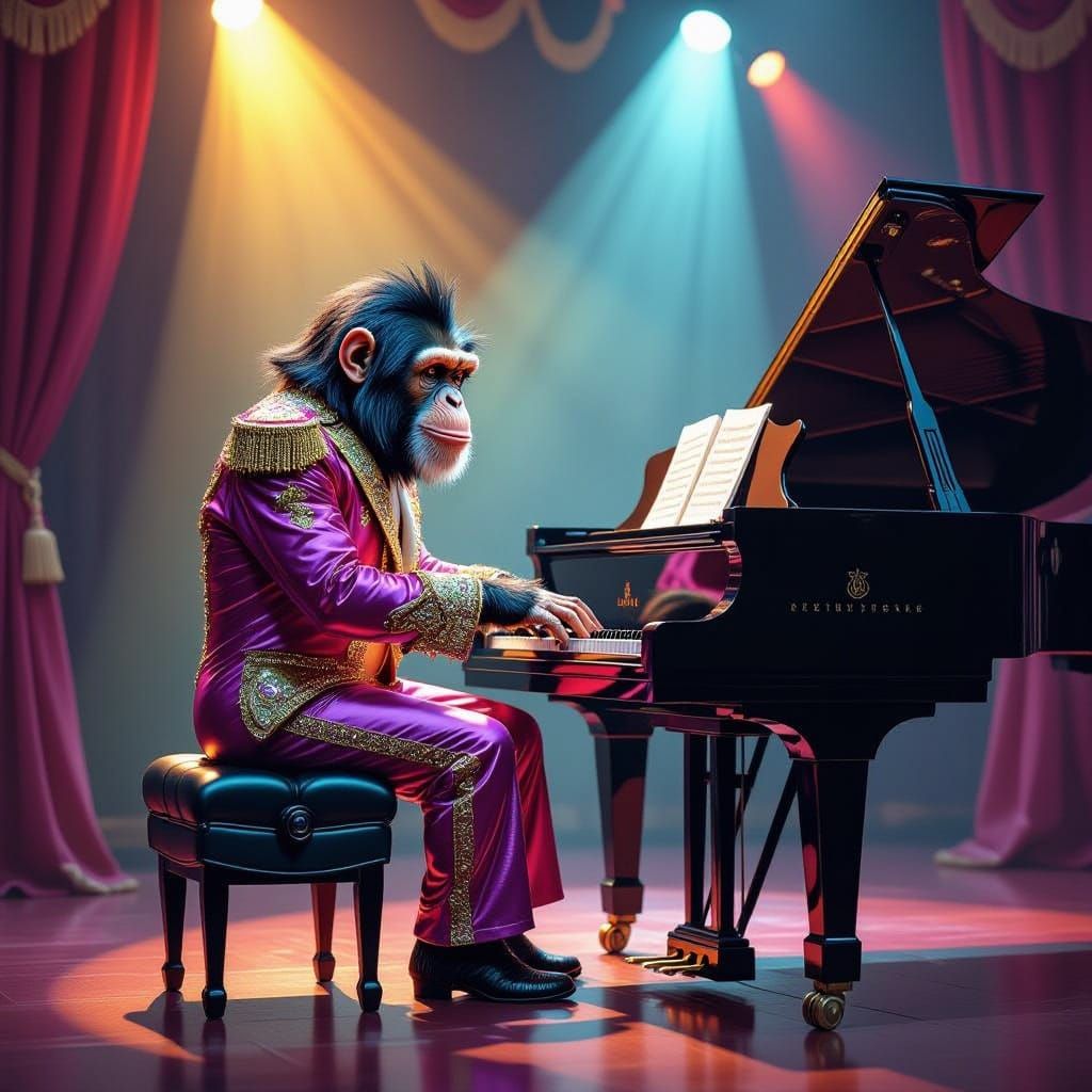 Chimpanzee as Elton John Plays Piano on Stage