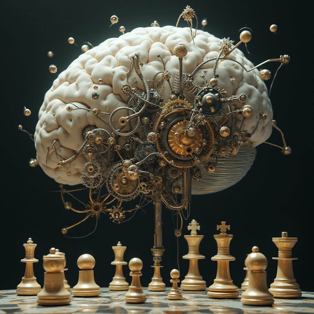 Whimsical Brain with Intricate Gears Plays Chess