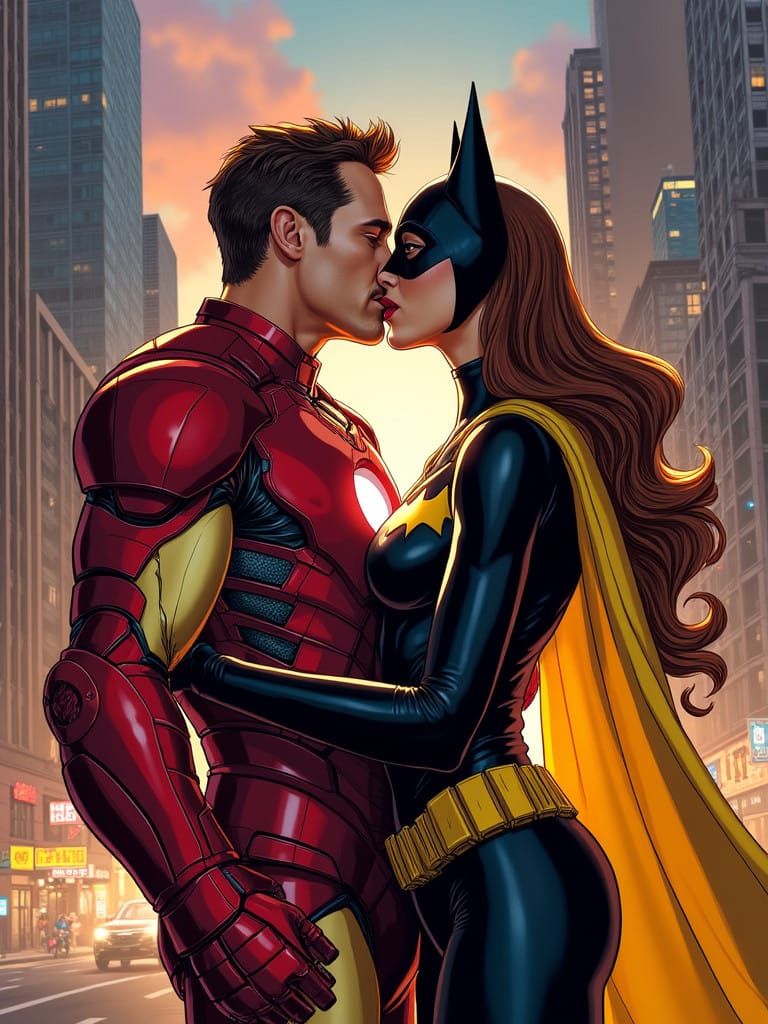 Iron Man and Batgirl Share a Kiss Amidst a Dynamic Cityscape