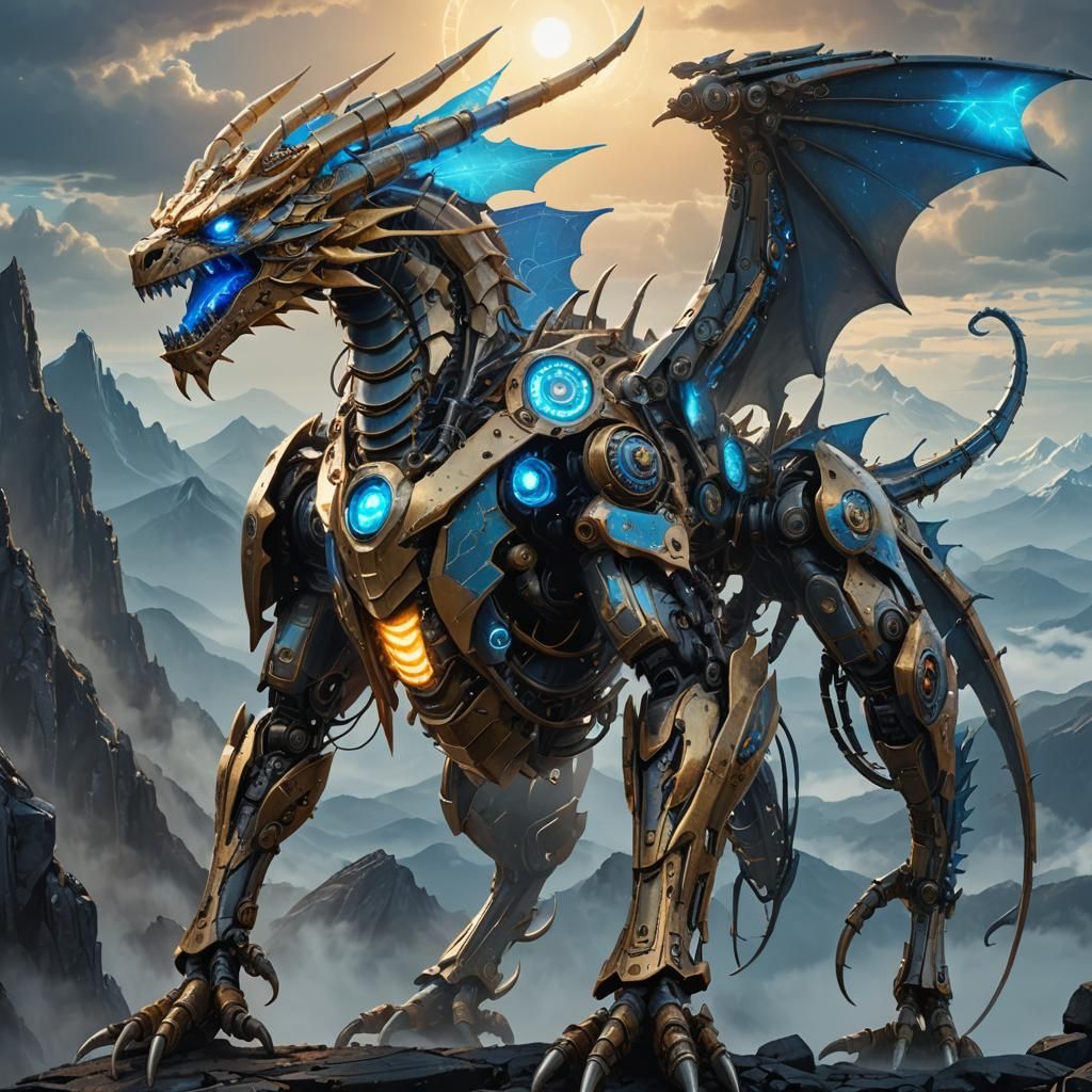 Majestic Robot Dragon on Misty Peak in Sci-Fi Style