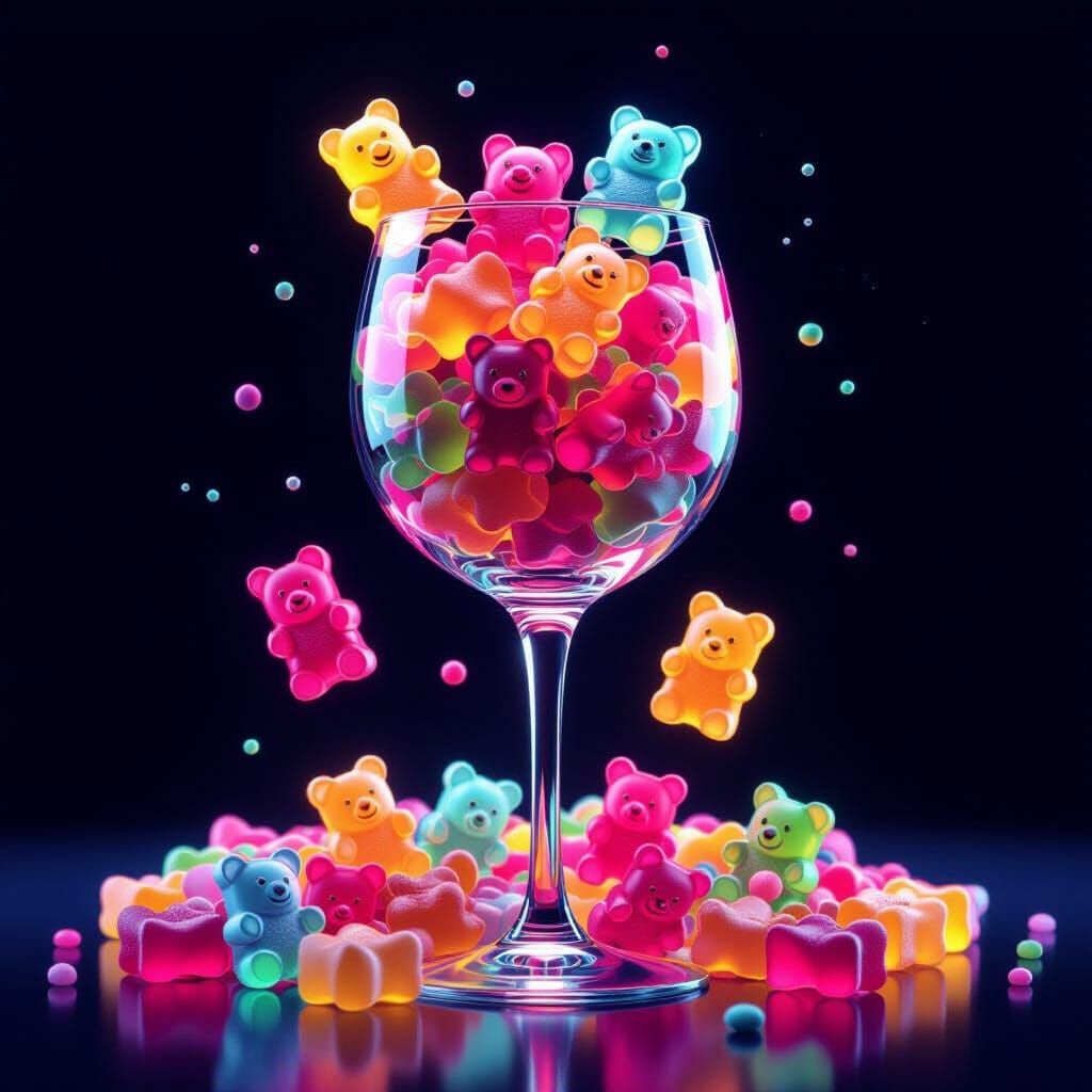Neon Gummy Bears Overflowing from Wine Glass