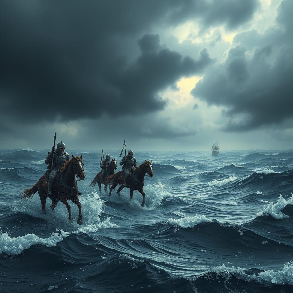 A dramatic scene shows four armored horsemen riding through ...