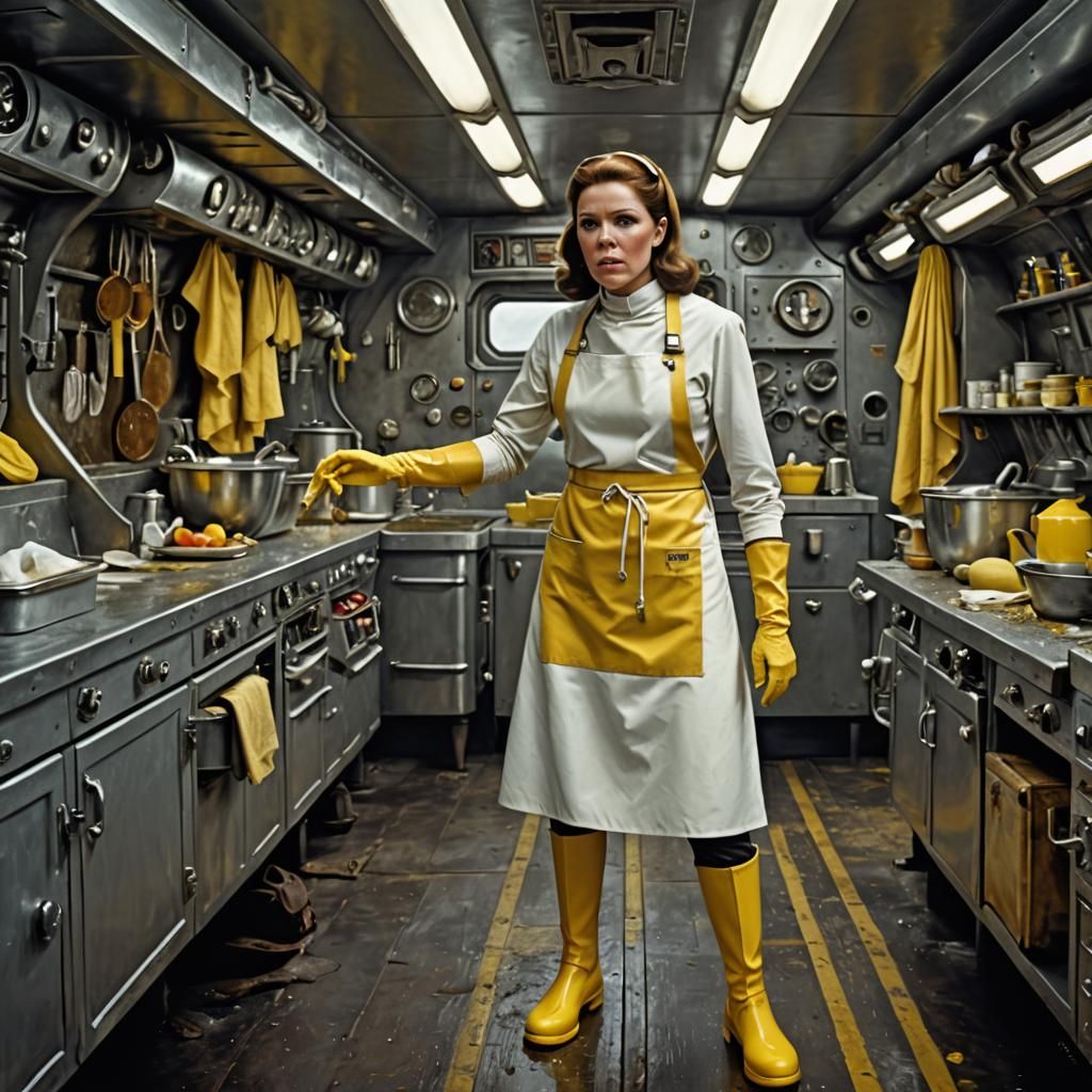 Hyperrealistic Young Woman Cleaning Modern Ship Galley