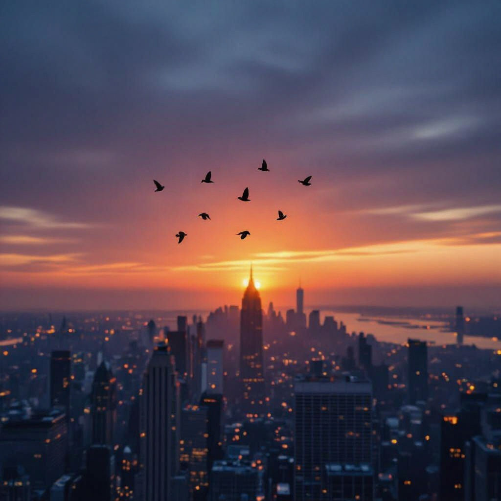 Birds Silhouetted Against City Sunset