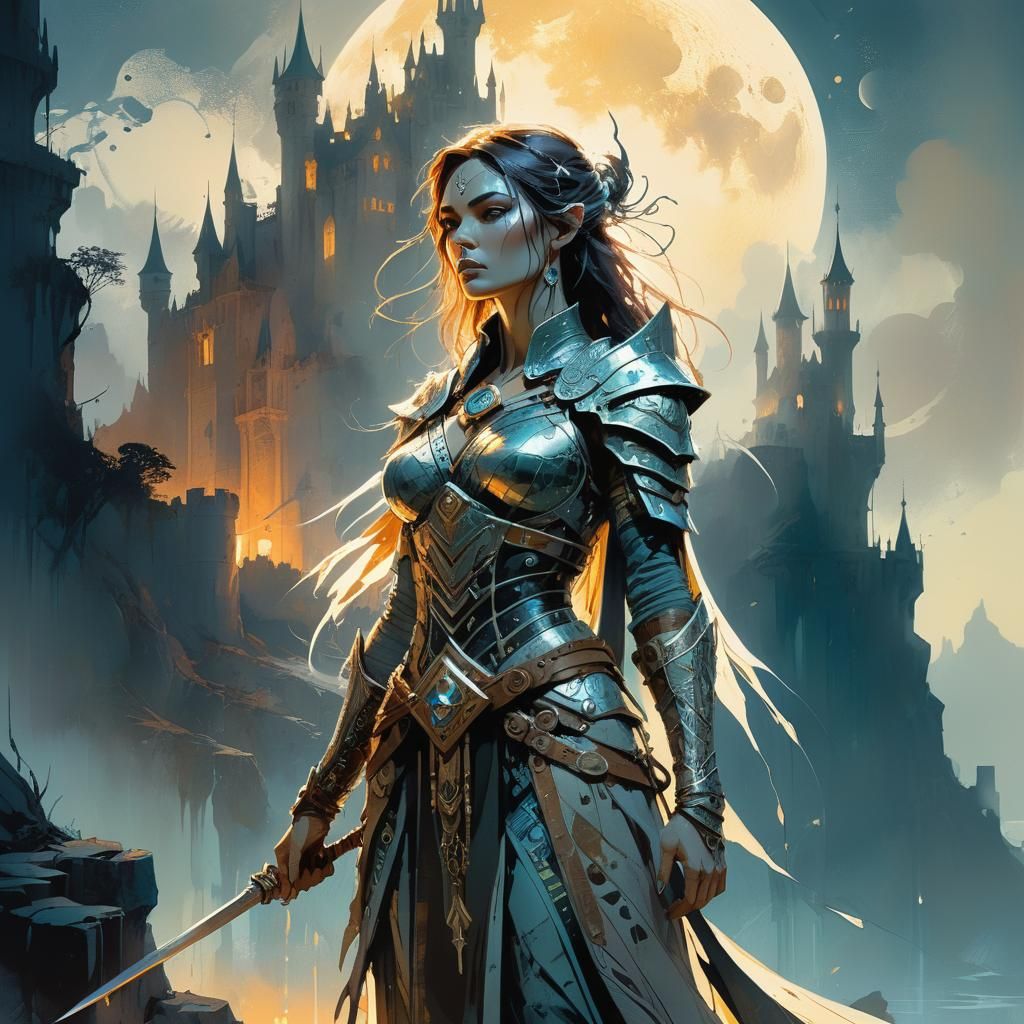 Fantasy Warrior Sorceress in Moonlit Setting