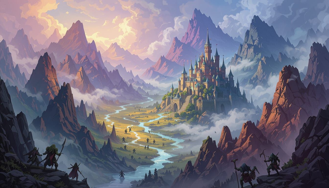 Epic Fantasy Landscape with Orcs, Elves, and Castles