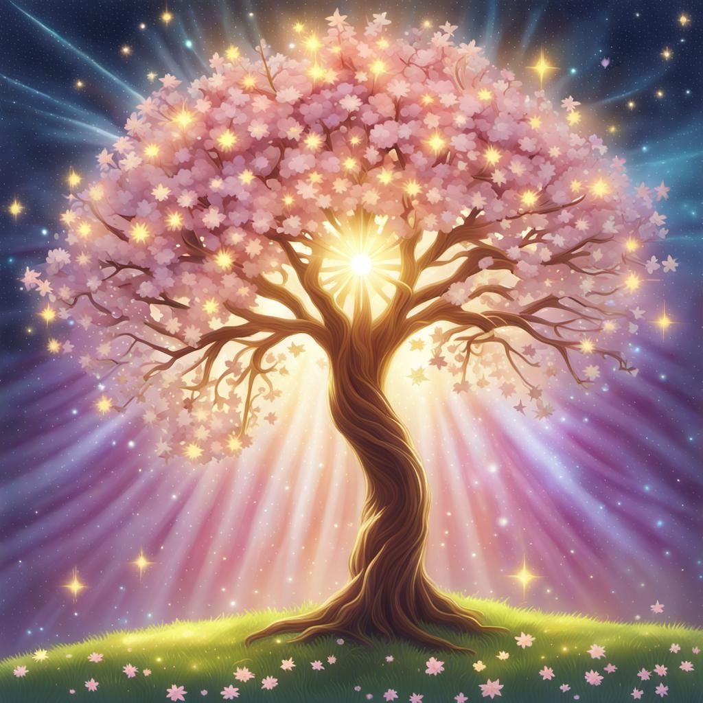 Magical Glowing Fantasy Tree Under Twinkling Stars