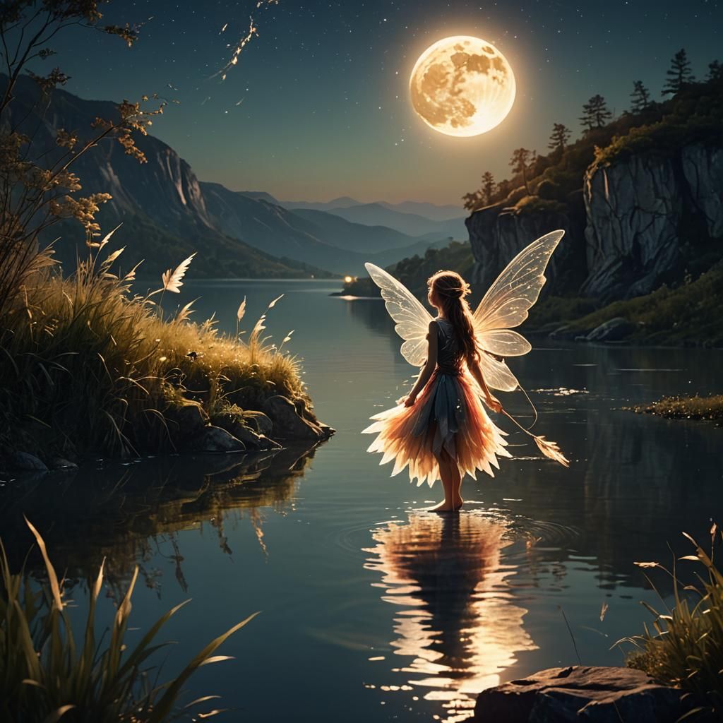 Fairy on Cliff Under Moon in Digital Art