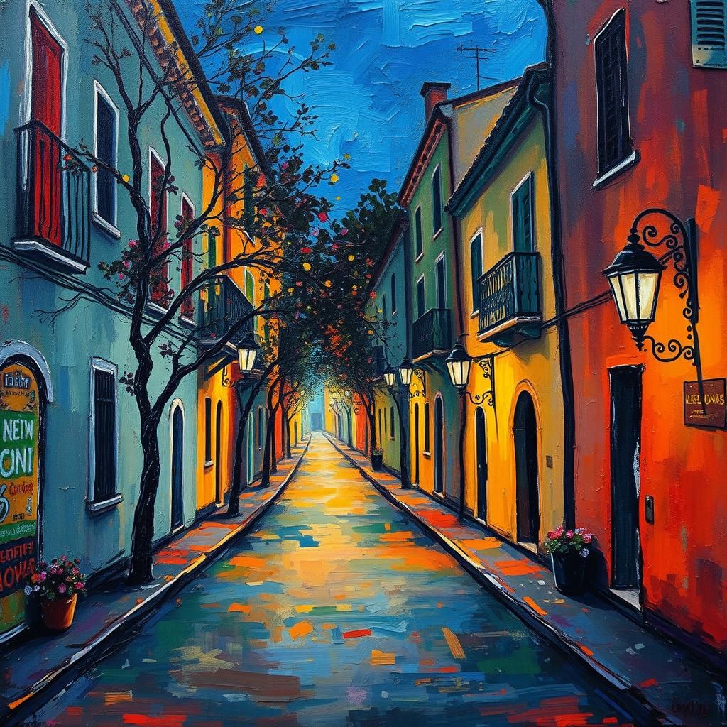 Andalusian Hearts Hunt in Shadowy Streets: Expressionist Oil...