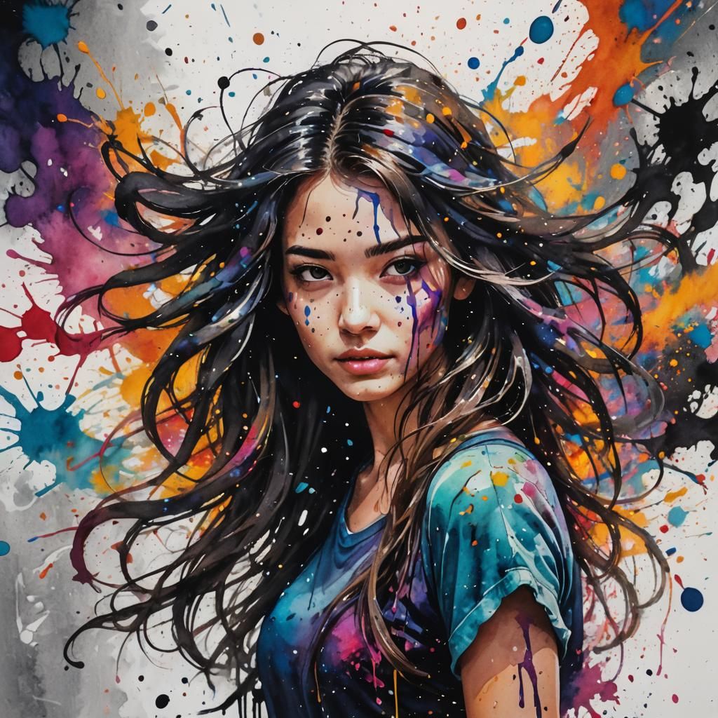 Ink Splash Portrait of a Cute Girl, Alphonse Mucha-style