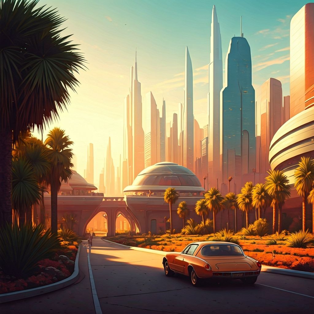 Retrofuturistic Cityscape at Sunrise With Advanced Technolog...