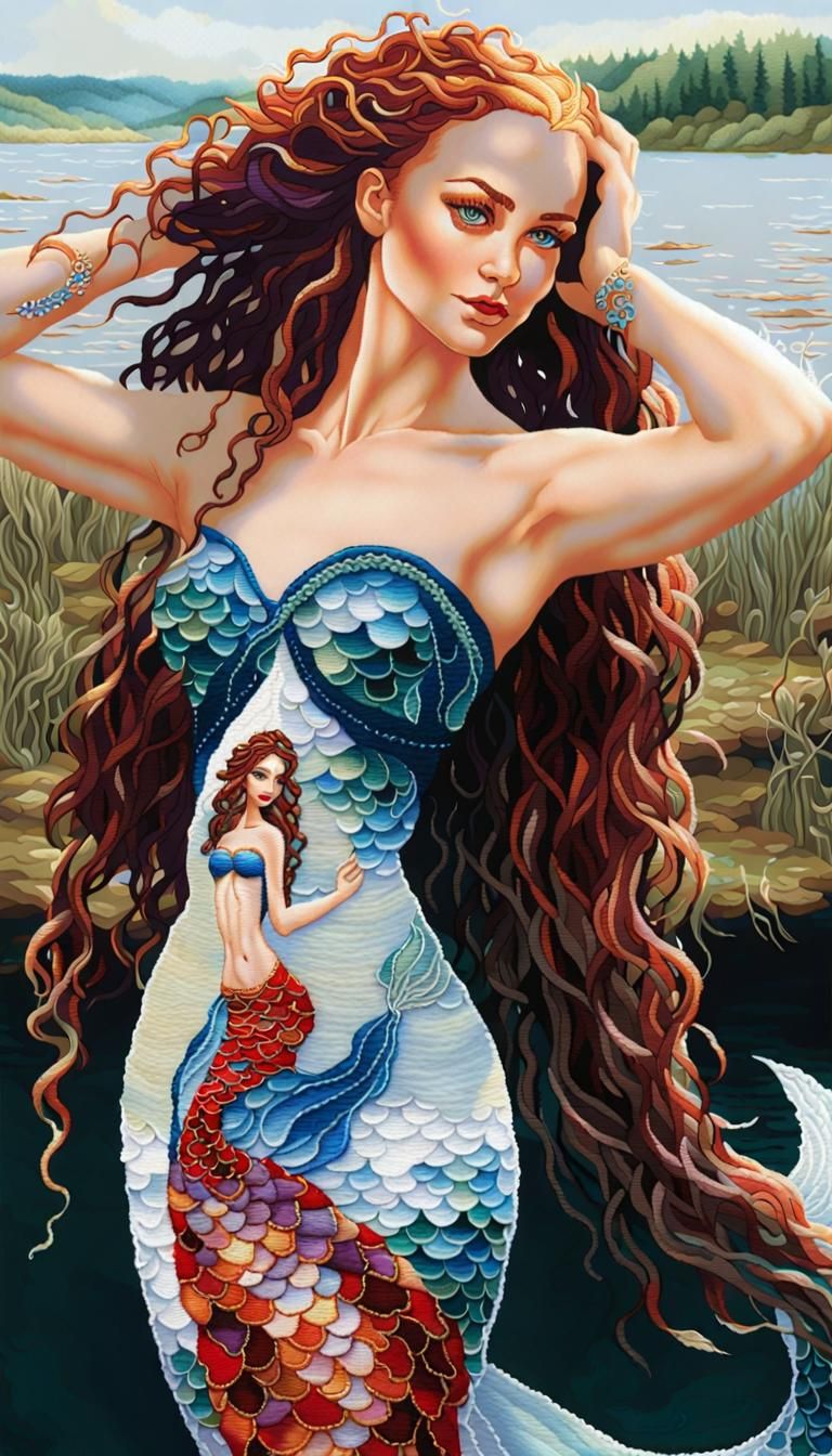Beautiful mermaid is embroidered with Ukrainian embroidery p...