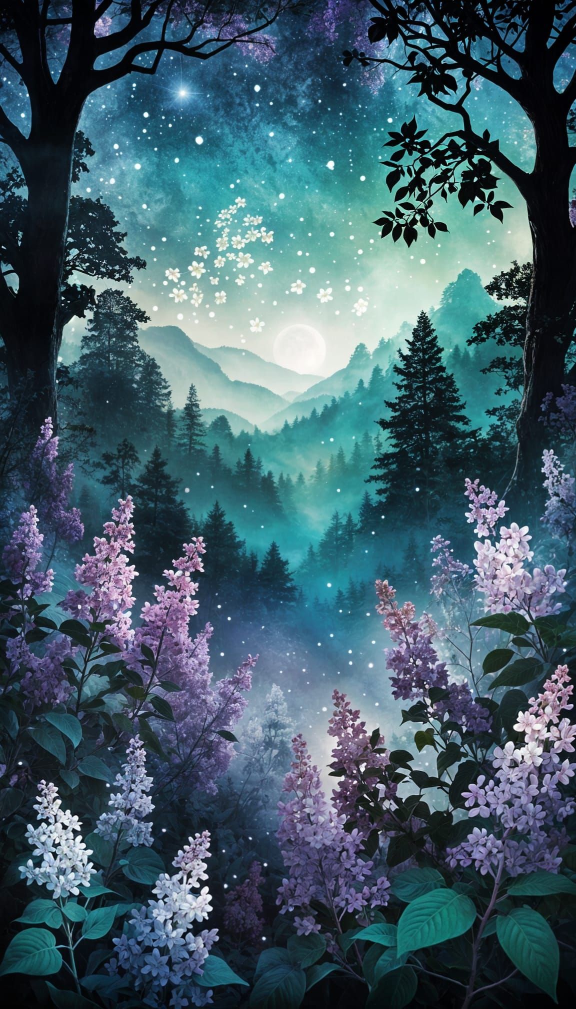 Lilacs Silhouette Filled with Cosmic Landscape in Digital Ar...