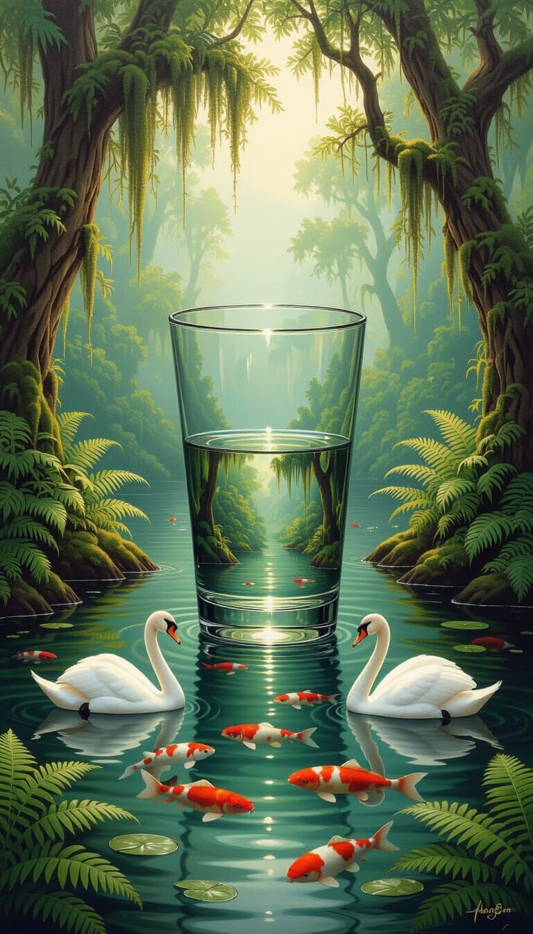 Serene Pool with Swans and Catfish, Oil Painting Style
