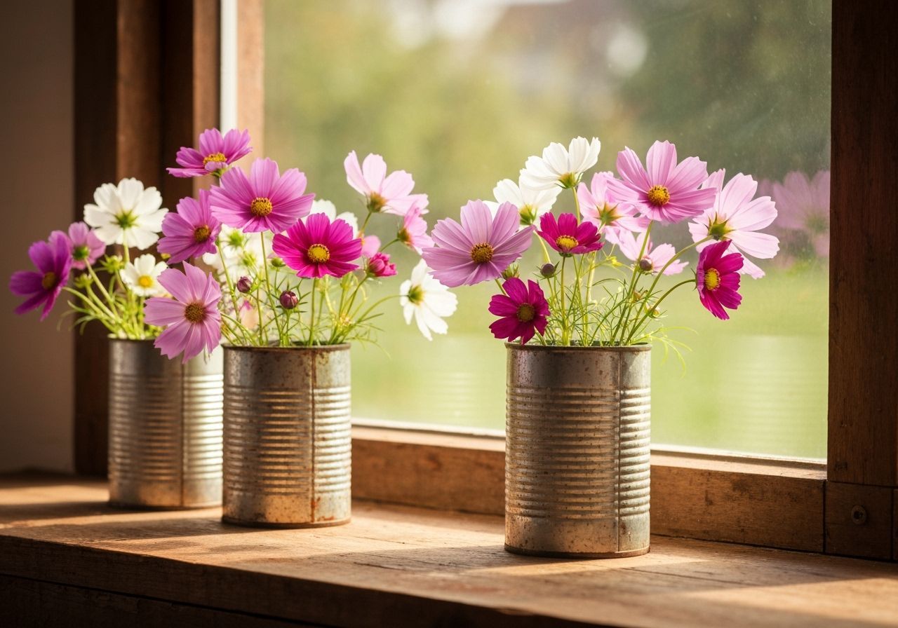 Cosmos Flowers in Vintage Cans: Whimsical Still Life
