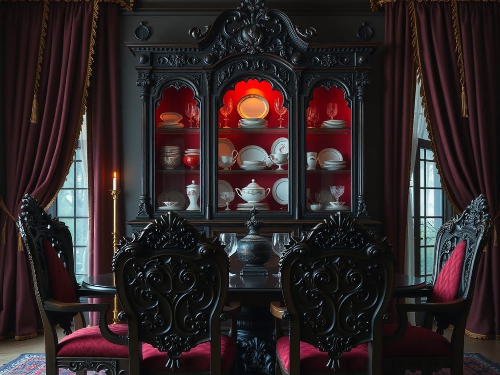Gothic Dining Room with Opulent China Cabinet