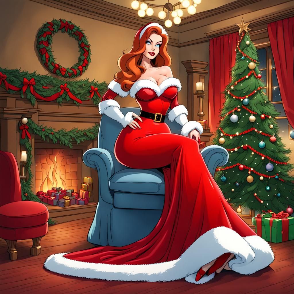 Jessica Rabbit as Mrs. Santa Clause wearing a beautiful revealing long Christmas gown standing by a big beautiful decora...