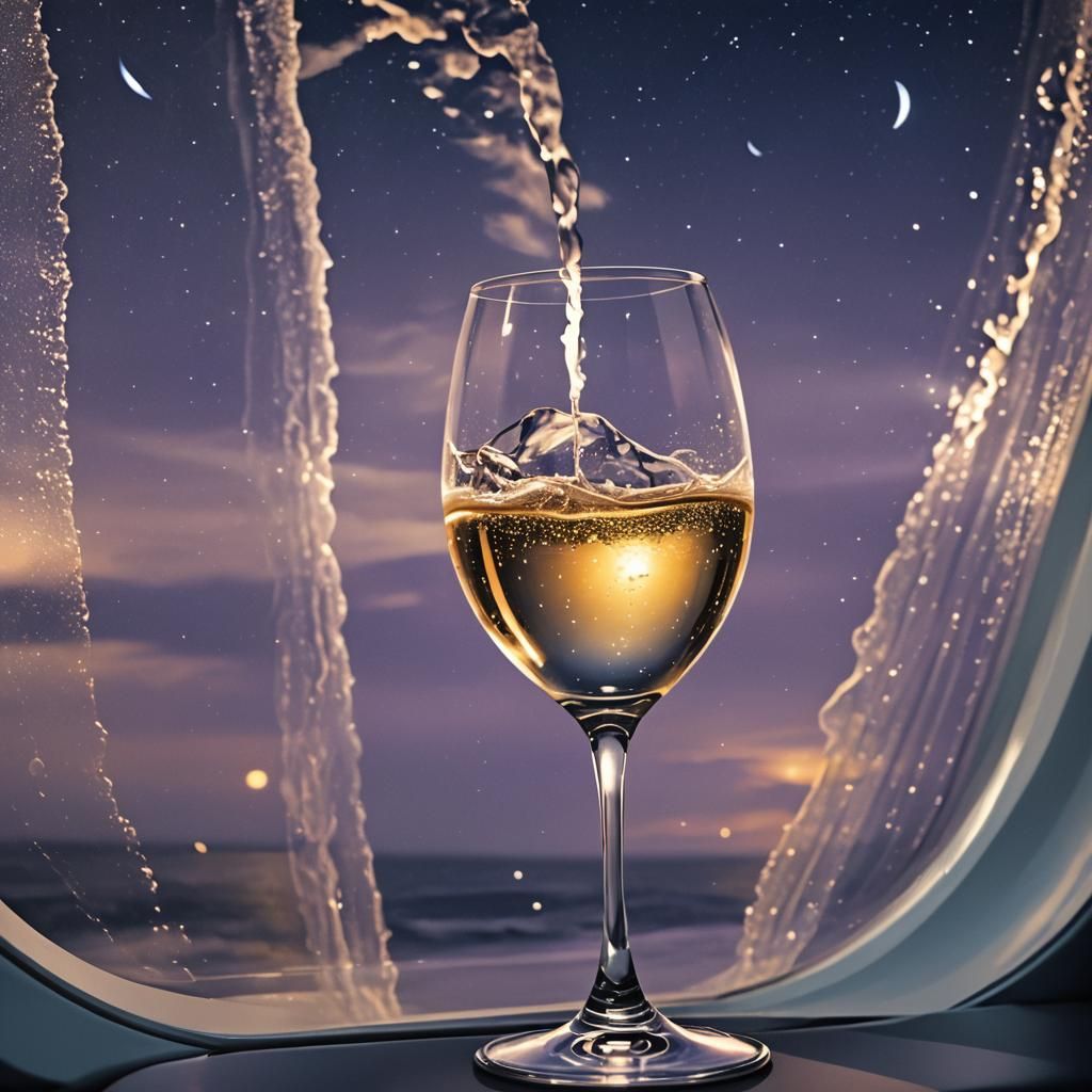 Moonlit Champagne Flight: Hyperrealistic Nightscape