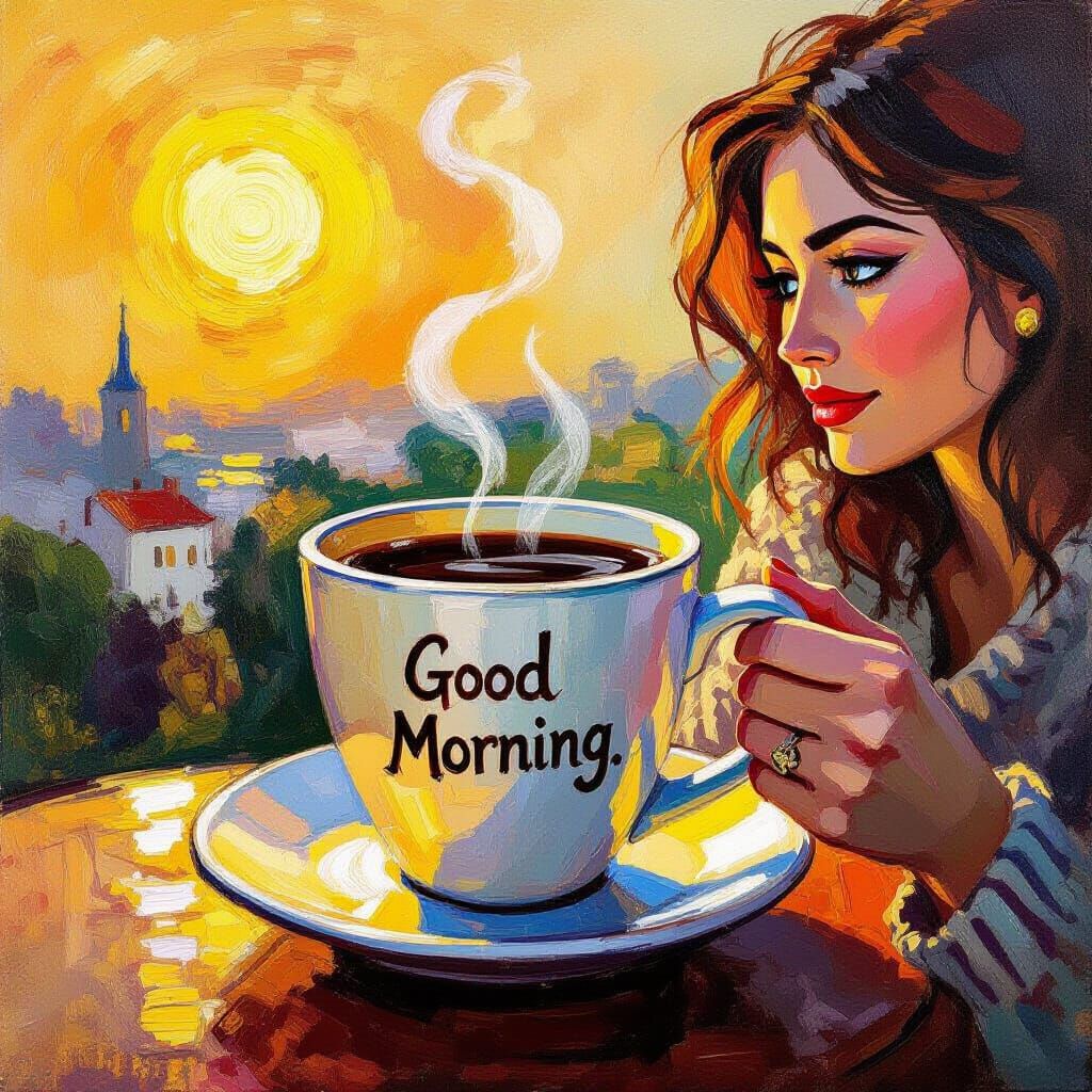 Woman Enjoys Steaming Coffee in Impressionistic Oil Painting