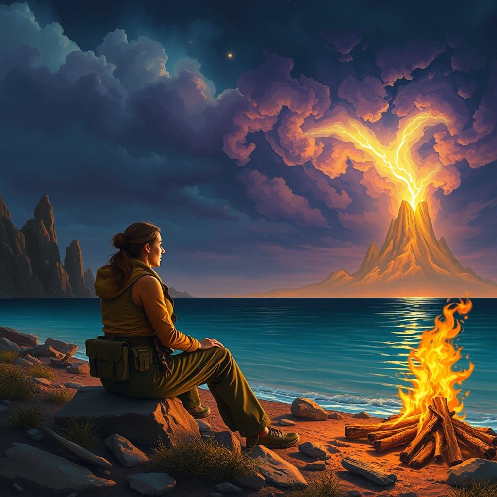 Mysterious Desert Campsite Under Stormy Skies