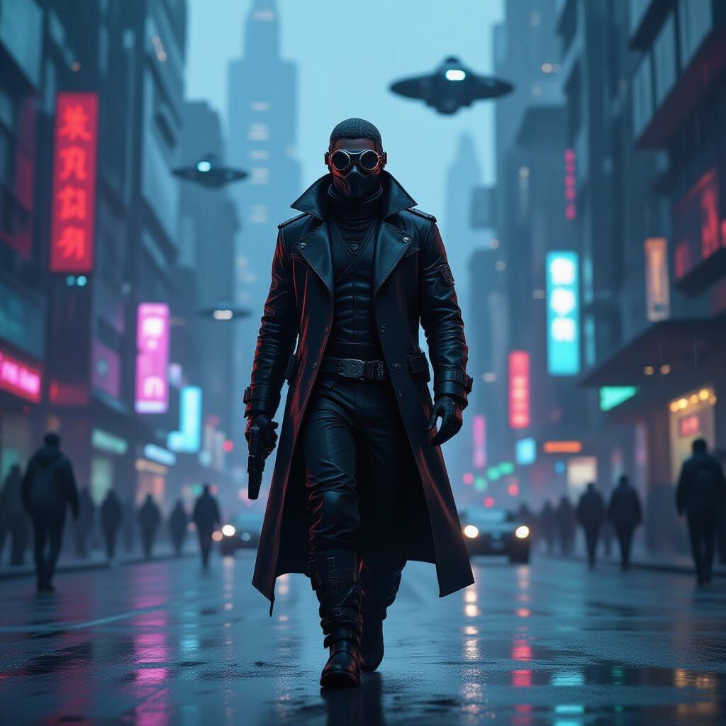 Cyberpunk Bounty Hunter in Futuristic Cityscape