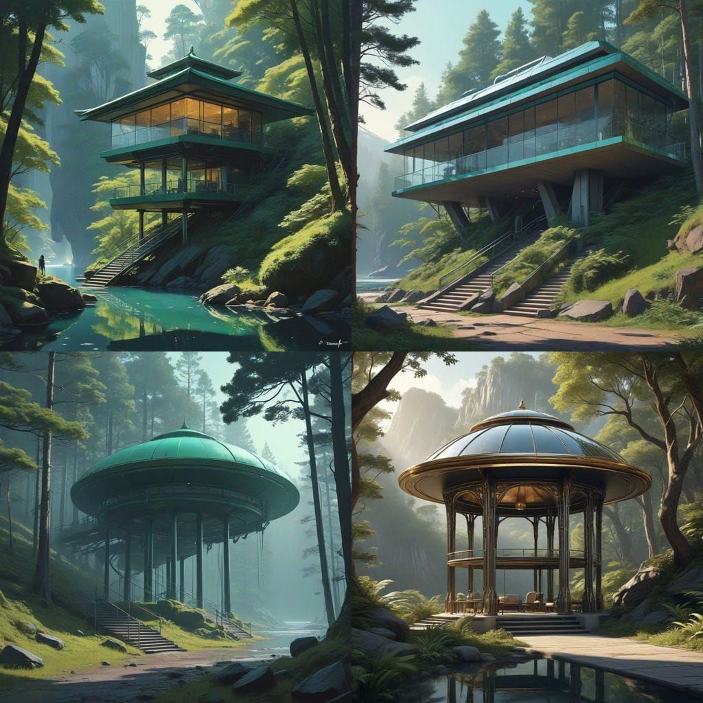 Neo-Futuristic Cliffside Gazebo Overlooking Enchanted Forest