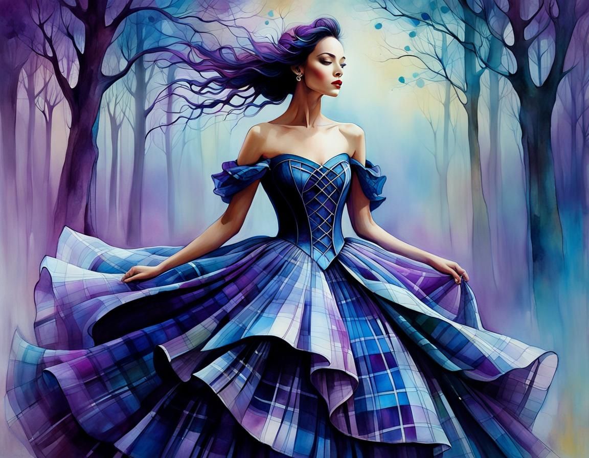 Whimsical Woman in Plaid Ballgown: Surreal Illustration