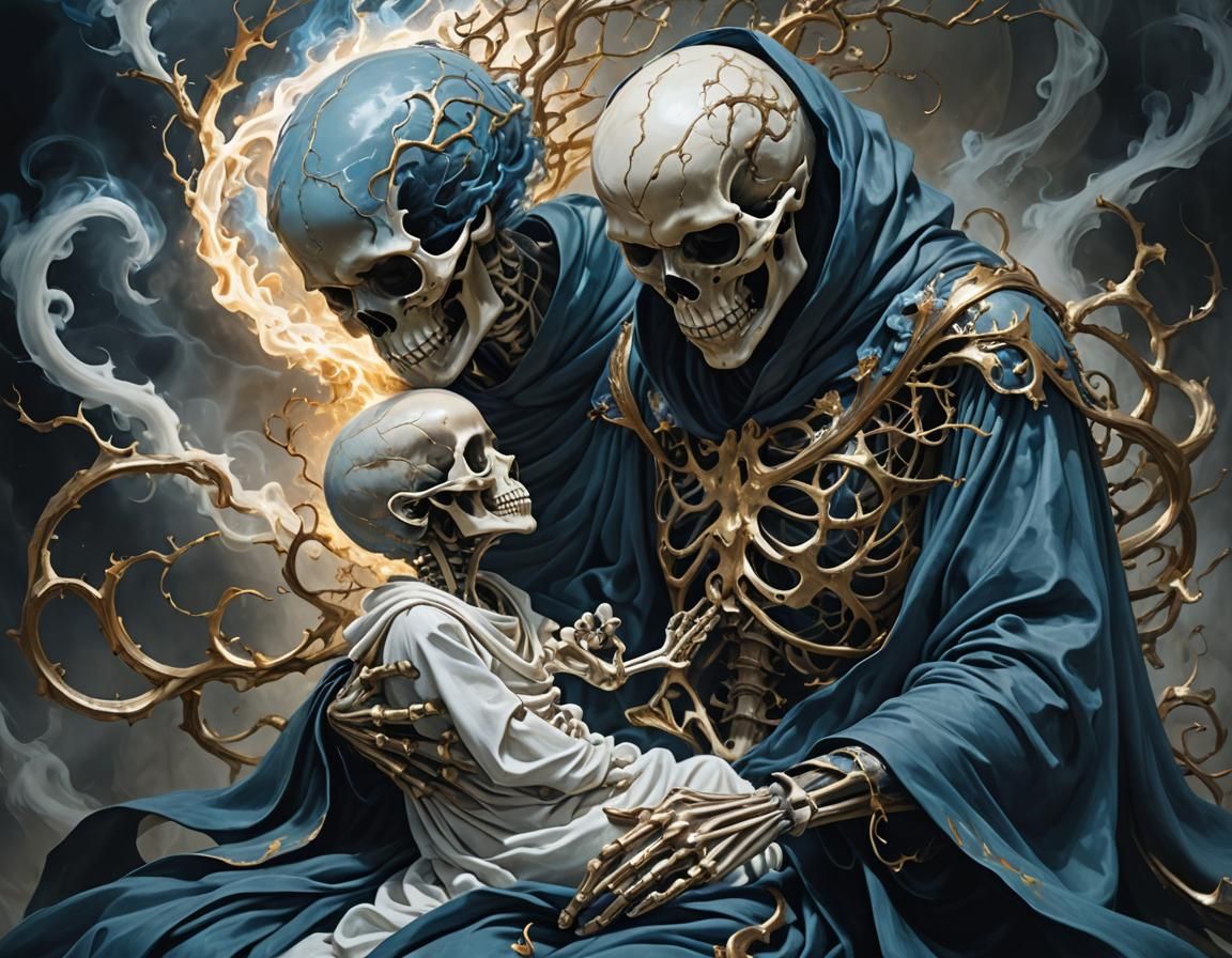 Skeletal Figure Cradling Baby in Ethereal Digital Art